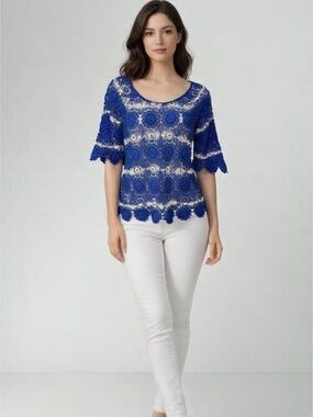 Vintage Royal Blue Sheer Crocheted Lace Women's Boho Festival Top